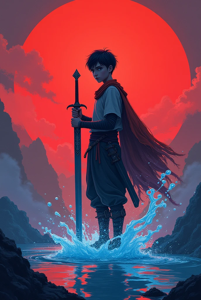(photorealism:1.2),one boy rising from the blood sea with a sword of dictator