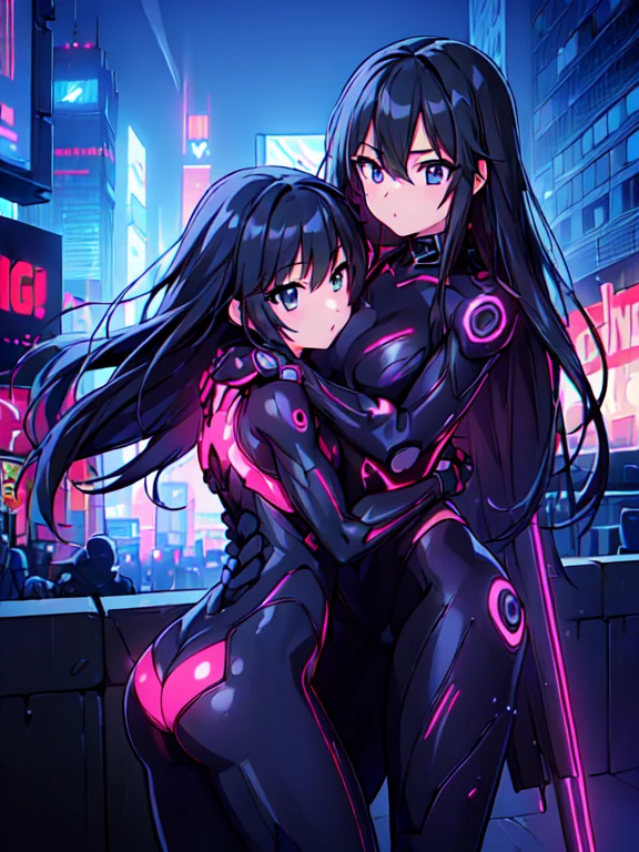 ((2girl,yuri)), (female ninja,princess), (hug), Very detailed,High resolution,4K,8k,masterpiece,High resolution,((Anatomically correct number of limbs),(Anatomically correct number of fingers)), ((late Night),cyberpunk cityscape,vibrant neon glow)