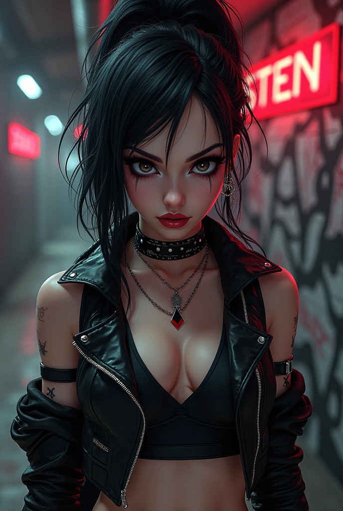 Naruto female character, adult, white, black eye,  long black hair, wears round glasses, Rock style 


