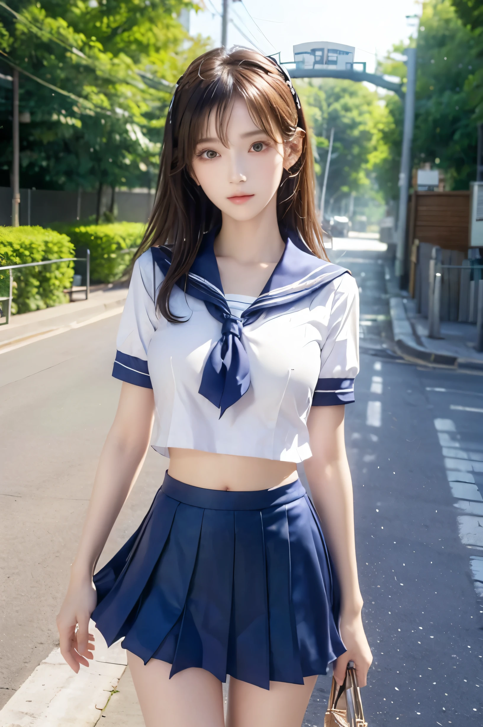 (Ultra HD), (Looking at me), (Short-sleeved sailor uniform, Navy blue mini skirt), Big Breasts, Super beautiful breasts, Slender, (Thin legs:1.2), (Thin thighs:1.2), (Thin Hips:1.4), (Beautiful Skin, Shiny skin, White skin), (Super slim face, Super beautiful face, No makeup, Smile:0.6), (Light Brown, Long Hair, Layered Cut, Fluffy hair), (Big eyes:1.4, High corners of the eyes:1.4, Double eyelids), (Thin eyebrows:0.1), (Small Nose:0.6), (Thin lips:0.6), Standing, In front of the school gate