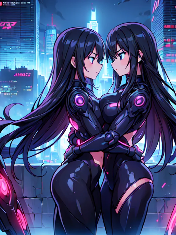 ((2girl,yuri)), (female ninja,princess), (hug), Very detailed,High resolution,4K,8k,masterpiece,High resolution,((Anatomically correct number of limbs),(Anatomically correct number of fingers)), ((late Night),cyberpunk cityscape,vibrant neon glow)