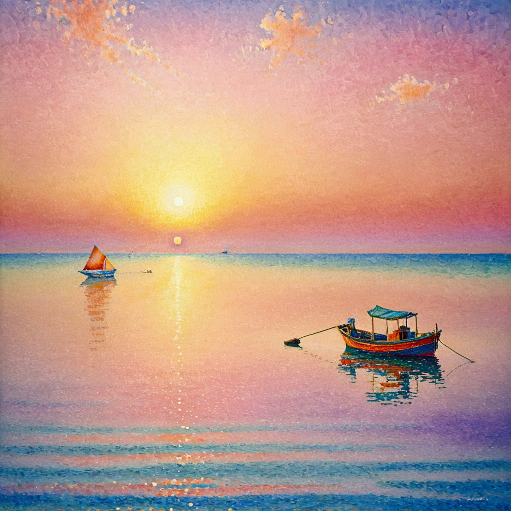 best quality , a detailed illustration of , 16K , pointillism technique , fishing boat floating on calm sea , sunset sky , beautiful gradient in sky and ocean , warm orange and pink hues , soft light reflections on water , tranquil atmosphere , horizon in the distance , gentle waves , peaceful scene , wide-angle view , Impressionism , use bright colors