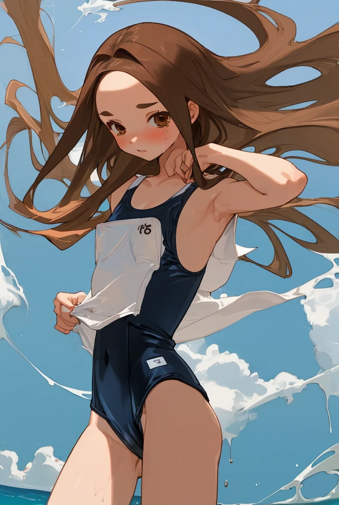 1girl, mizuki, small breasts, flat chest, tan, dark-skinned female, dark skin, two side up, very long hair, brown hair, hair between eyes, hair ribbon, hair rings, pink eyes,school swimsuit ,cameltoe, cowboy shot,sea,cloud,sunlight,legs apart,adjusting hair ,pose,wading,wet,seductive smile ,from below