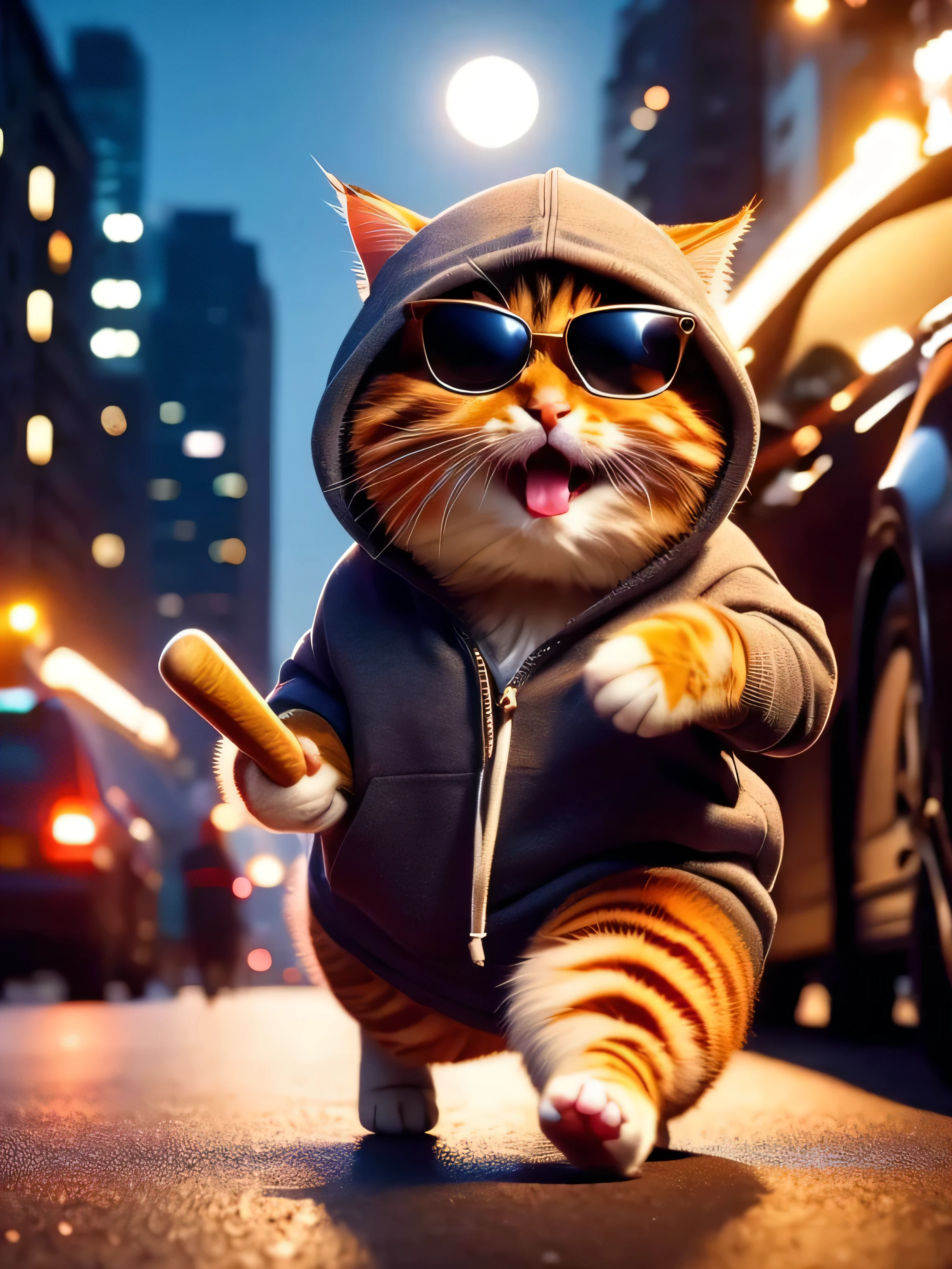 no humans, animal focus, hood, blur, outdoor on the street, animals, gang of cats, hoodie, baseball bat, sunglasses, walking, realistic, whiskers, blurred background, photo background,moon night
