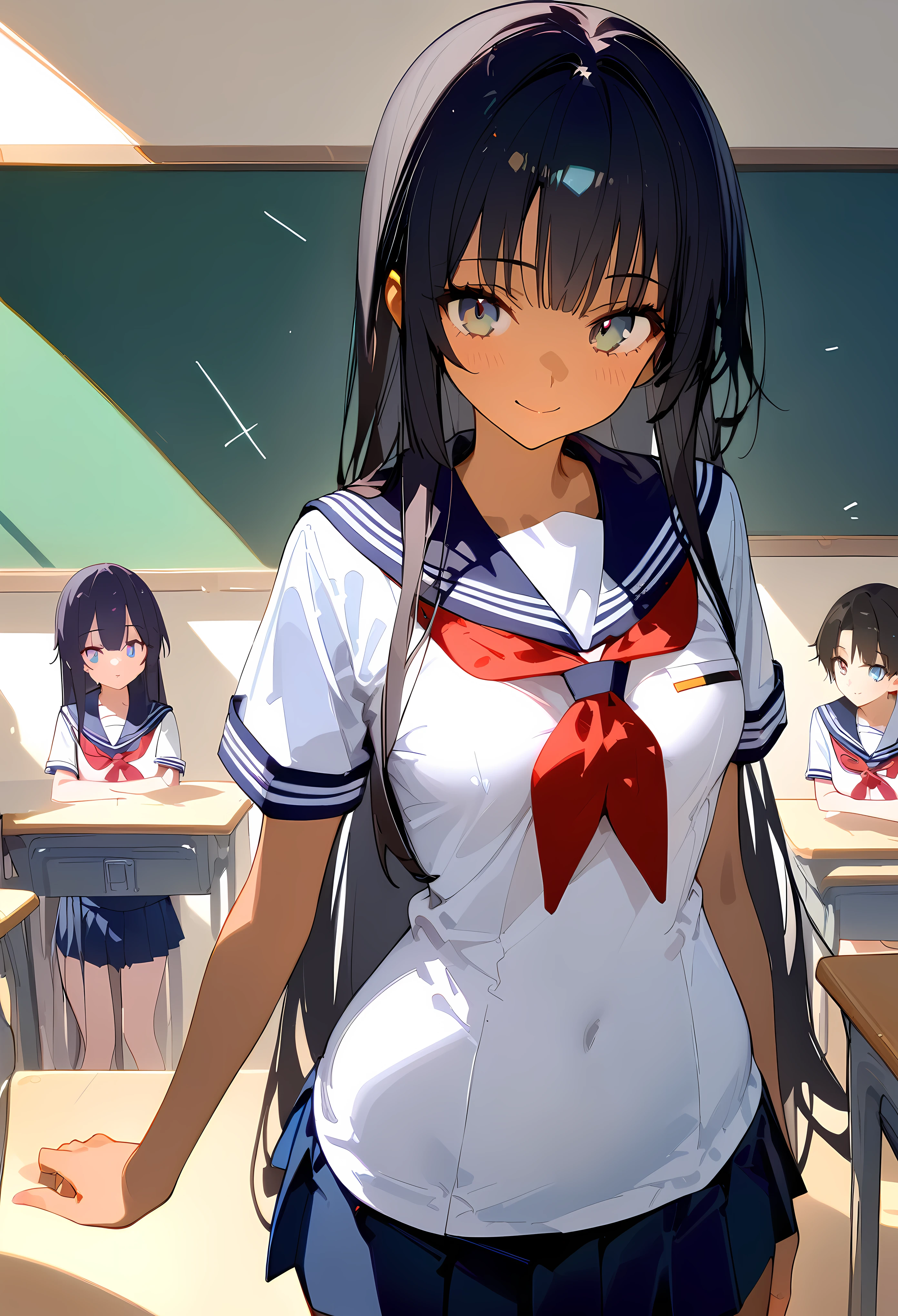 ((masterpiece,best quality anime:1.3,Best Quality)),cowboy shot,1woman,(young adult),long straight hair,bangs,black hair,((very small head:1.2)),gray eyes,gorgeous eyes,smile,small breasts,((very long body:1.3)),(School uniform、White sailor suit:、Short sleeve、red neckerchief、Navy blue pleated mini skirt、Navy blue sailor collar),slender body,skinny,gleaming skin,tan skin:0.3standing,classroom、School、