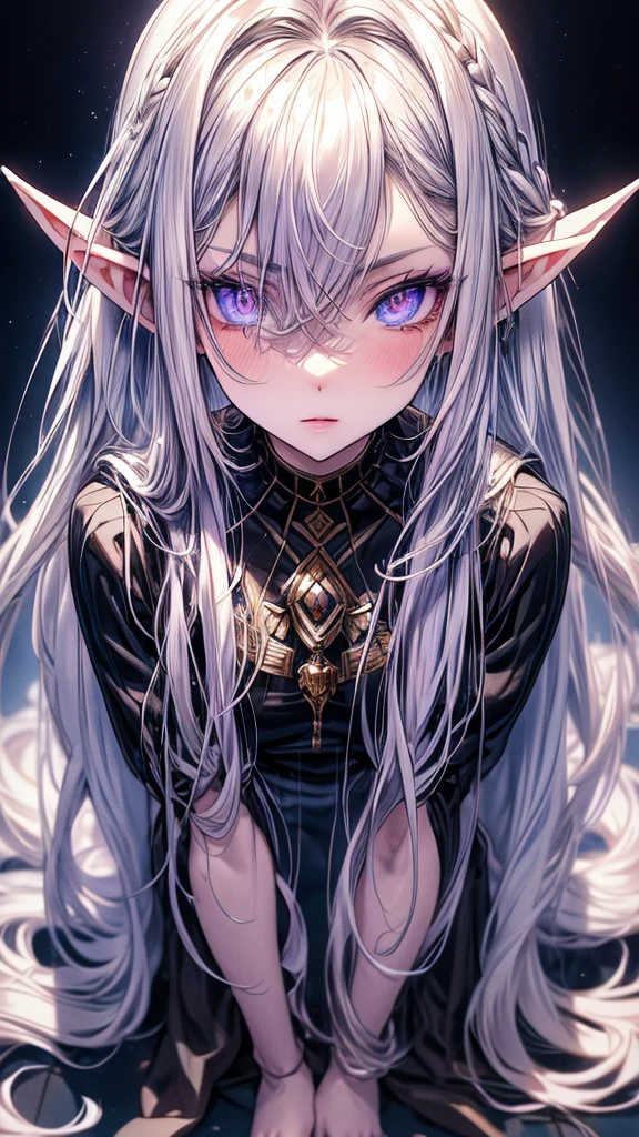 A beautiful dark elf girl, long white hair, violet eyes, pointed ears ...