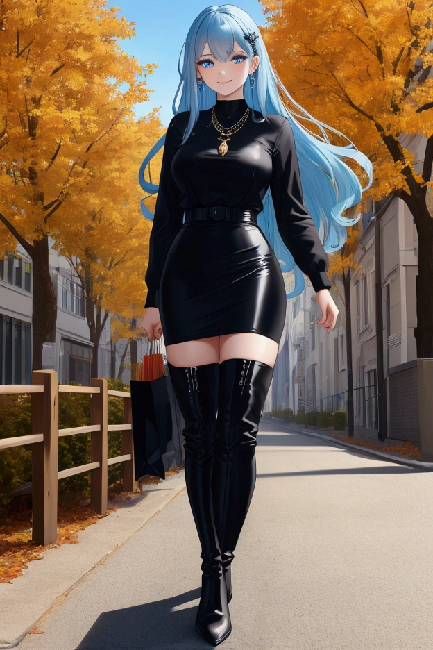 masterpiece, beautiful art, 8 k, art style sciamano240, very detailed face, detailed information about hair, detailed clothing, detailed fabric, 1 girl, beautiful face, Long hair, Light blue hair , model head shot, front-camera, very detailed blue cat eyes, sultry smile, dressed in stylish autumn clothes, black thigh high boots dior, black pencil skirt, walking , for shopping, Necklace, turmoil, rosy cheeks, sunny autumn setting, full body view, naked body,