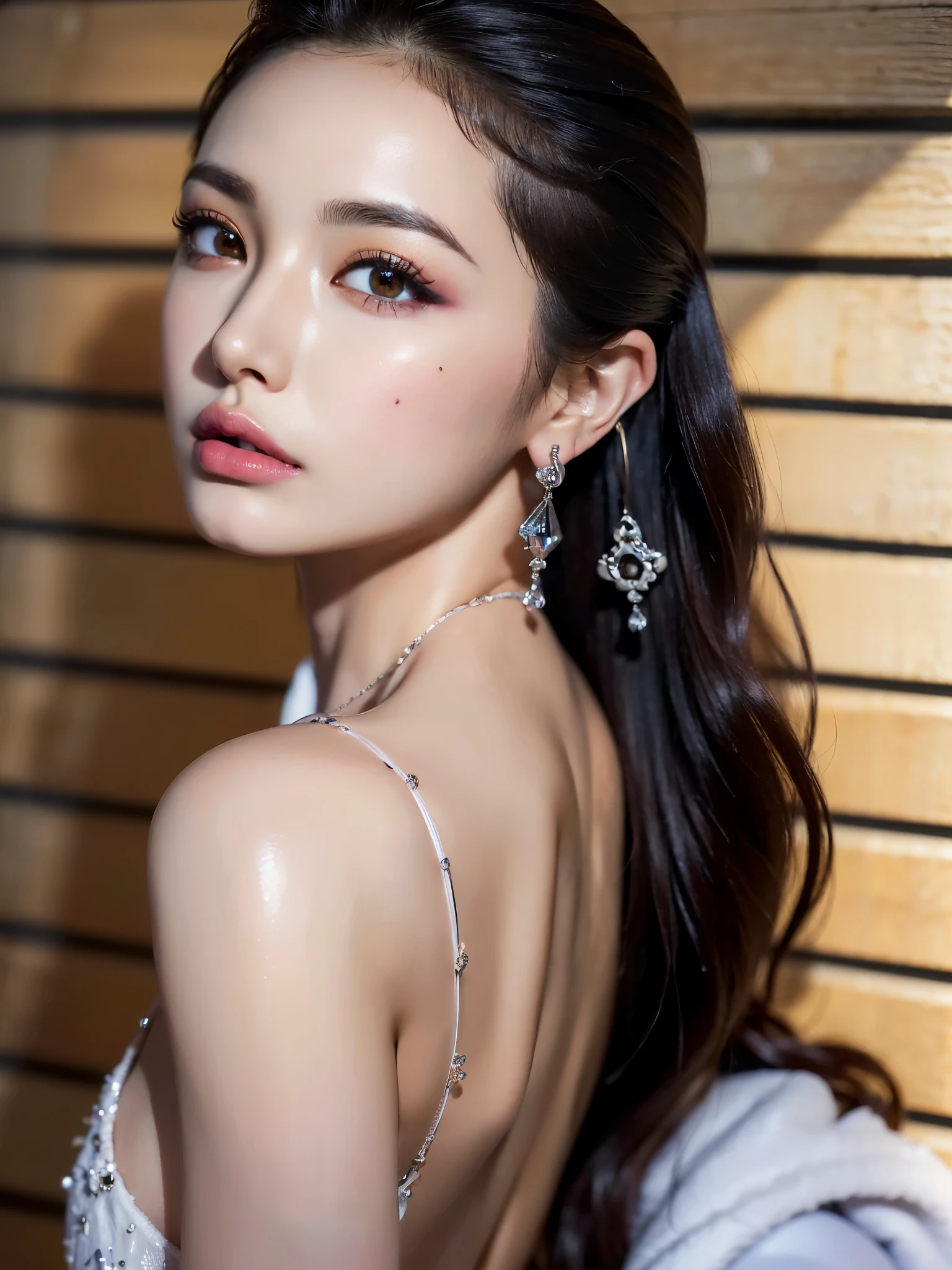 (UHigh resolution, retina, masterpiece, Accurate, Anatomically correct, Textured skin, Super Detail, Attention to detail, high quality, 最high quality, High resolution, 1080P, High resolution, 4K, 8k, 16k), (美しいAttention to detail目, Beautiful lip detail, Highly detailed eyes and face), Soft lighting, Physically Based Rendering, Vibrant colors,((((最high quality、masterpiece, 高精細CG8kイラスト, Graffiti art, Center Configuration, Highly detailed lights and shadows, wall, Highly detailed face and eyes,masterpiece, 最high quality, Alone, One girl, Glowing Skin, Earrings, Splendid, Whimsical details, Slicked back hair, Fascinating, Bare shoulders,Goth Fashion, Shallow depth of field, Contrasting, Professional Model, Facing forward, Portraiture , Left detailed pupil,Right symmetrical pupil,Detailed hands,Wavy Hair))), (Glowing Skin), (Wide-angle),(Alone),  (Urzan-6500:0.33)、Outdoor、(((whole bodyショット,whole body,Gorgeous legs,whole body,whole body,whole body)))