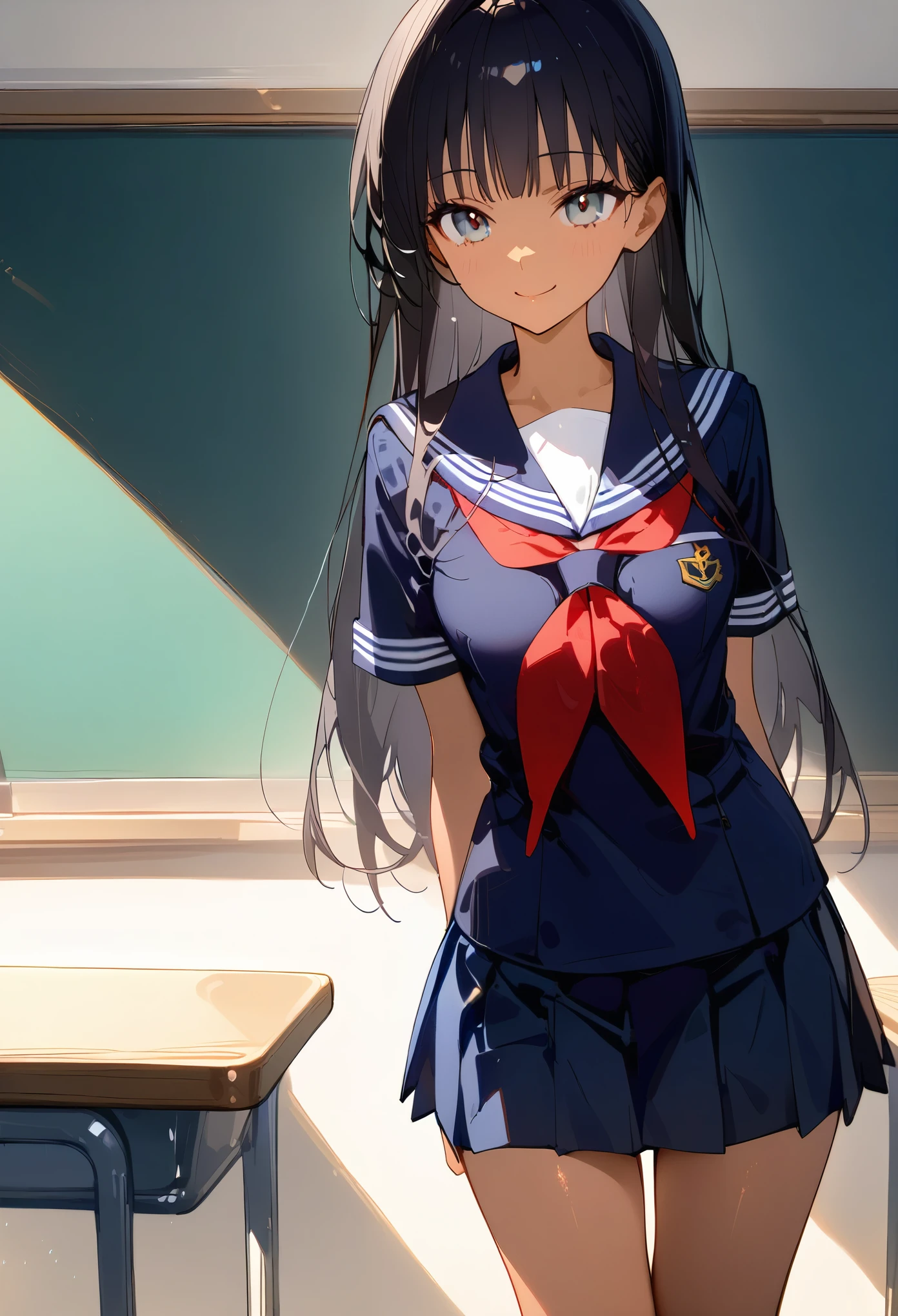 ((masterpiece,best quality anime:1.3,Best Quality)),cowboy shot,1woman,Alone,(young adult),long straight hair,bangs,black hair,((very small head:1.2)),gray eyes,gorgeous eyes,smile,small breasts,((very long body:1.3)),(9. Navy blue pleated mini skirt),(School制服、White sailor suit:、Short sleeve、Red neckerchief,Navy blue sailor collar),slender body,skinny,gleaming skin,tan skin:0.3standing,classroom、School、