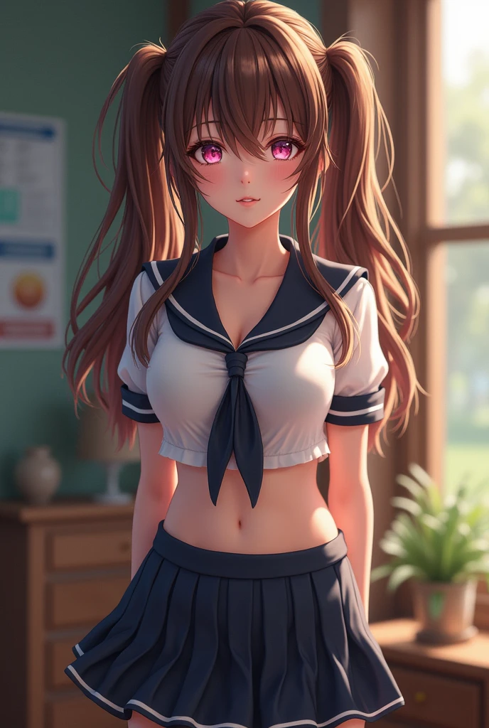 a school girl with big breasts, dark red hair in a ponytail, panty flash, peace sign, mini skirt, realistic, high quality, 8k, hyper detailed, photorealistic, studio lighting, dynamic lighting, vibrant colors, beautiful detailed face, extremely detailed eyes and lips, beautiful flowing hair, delicate facial features, elegant pose, intricate uniform details, dynamic action, dramatic shadows, glowing skin, cinematic framing, professional photography style