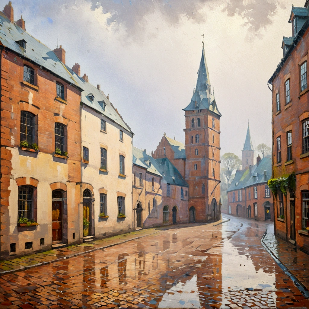 best quality, a detailed illustration, 16K, medieval European city, cobblestone street, rain-soaked bricks, puddle reflecting distorted landscape, soft reflections, moody and dreamlike atmosphere, wet pavement, warm brick colors, overcast sky, subtle mist, calm and serene, slight fog in the distance, soft lighting, impressionism, use bright and muted colors