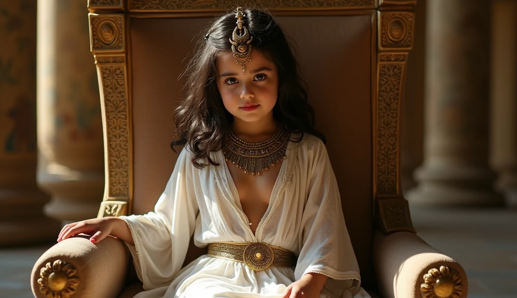 Create an 8-year-old girl reading about the story of Cleopatra.