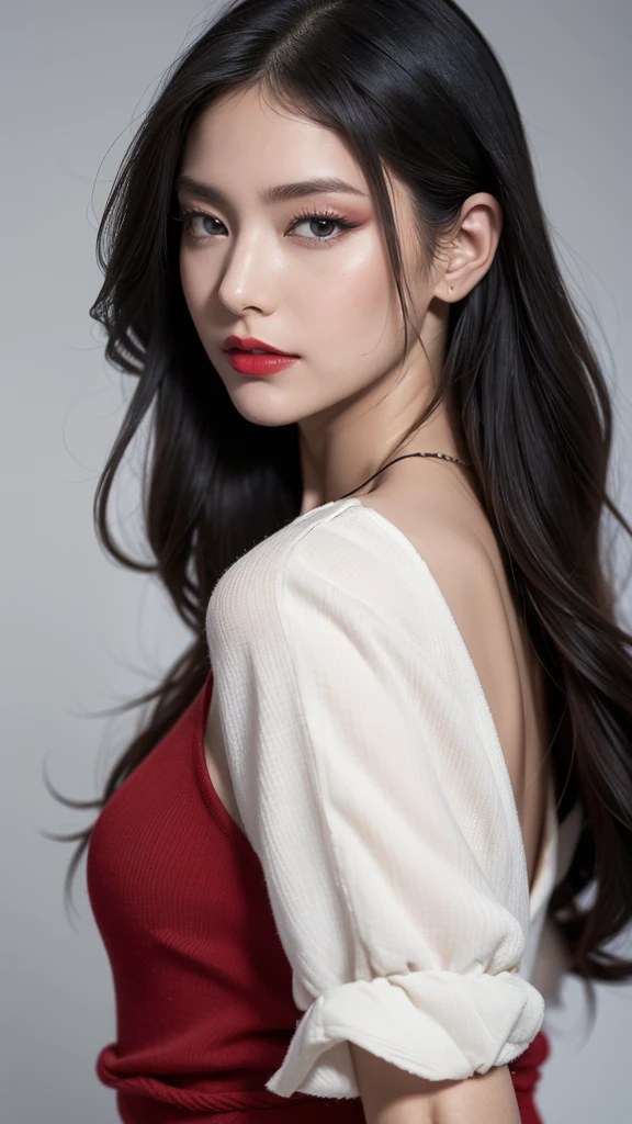 High resolution, masterpiece, high quality, Textured skin, Ultra high definition, Background blur, far and near method, woman、30th Generation、Face close-up、Large Breasts、Red Lip、Center parted long wavy hair、Black Hair、Tube tops、Model、背景はランウェイを颯爽と歩くModel、Shut the whole body、Celebrity clothing、Full Body Shot、Paris Fashion Week、