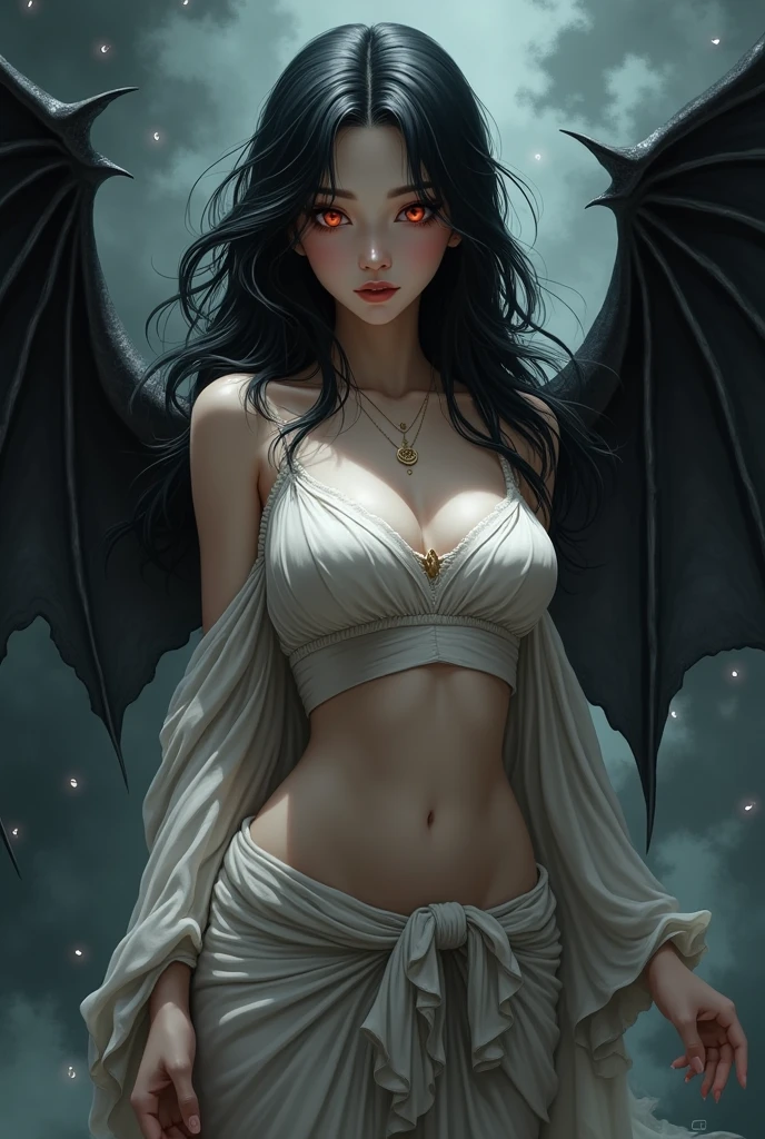 (Realistic picture, highest resolution, 16k), (A demon god with wide wings and enormous power on his shoulders.., Twelve wings on the shoulders.), ((6 bat wings:1.1, 6 angel wings:1.1)), (Beautiful girl with two meter long hair, shiny black hair, Smooth white skin, Lips are very red.), ((stand, toe)), (Huge breasts, big tits), (gigantic breast, flat stomach, small waist, hips raised, small thighs, Long legs), (dynamic poses), (Porn, no clothes, Look at that pussy.., see nipples, naked, undressed, nakedโดยสิ้นเชิง, Can see pussy, The chest is visible.), floating in the air above the ground, universe backdrop