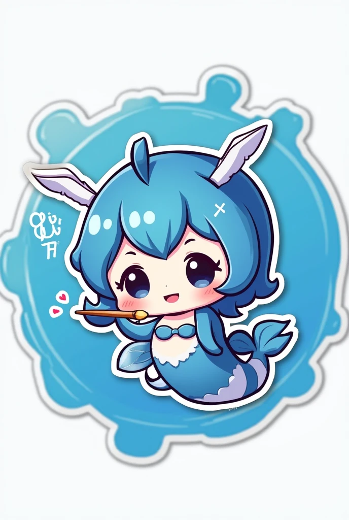 Digital 2D Artwork，Sticker style，Chibi style，A cute mermaid chibi，Blue and white fish tail，The head and tail form a ring disk on the blue ring paint palette，Blue and white fish head，Happy face，Cute big eyes，Holding a paintbrush in mouth，antlers，Blue circular paint palette background，There is the text &quot;SeaArt&quot; below