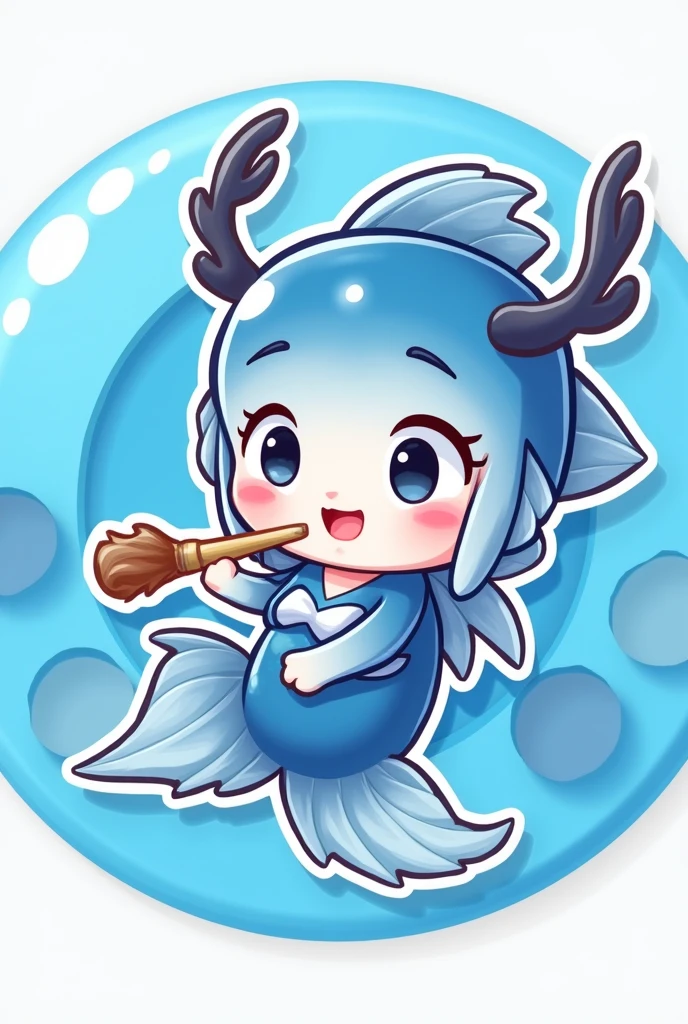 Digital 2D Artwork，Sticker style，Chibi style，A cute mermaid chibi，Blue and white fish tail，The head and tail form a ring disk on the blue ring paint palette，Blue and white fish head，Happy face，Cute big eyes，Holding a paintbrush in mouth，antlers，Blue circular paint palette background，There is the text &quot;SeaArt&quot; below