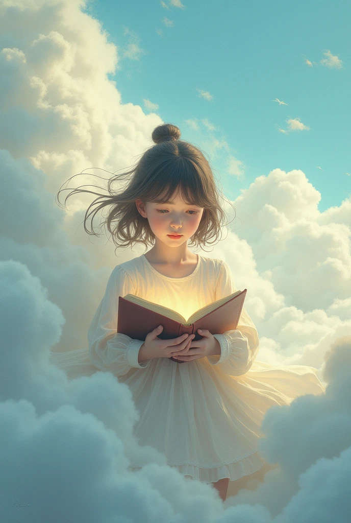 (Best quality at best,4K,8K,A high resolution,tmasterpiece:1.2),ultra - detailed,(actual,realistically,realistically:1.37),Dreamy sky,Soft clouds,As estrelas,little girl surrounded by clouds,look up to,raised head,Long flowing pink hair,gossamer,Fairy tale illustration,funny illustration,Creative illustration,hand painted style,Artwork under bright light,The art of magic,storybook artwork,inspiring art,exquisite artwork