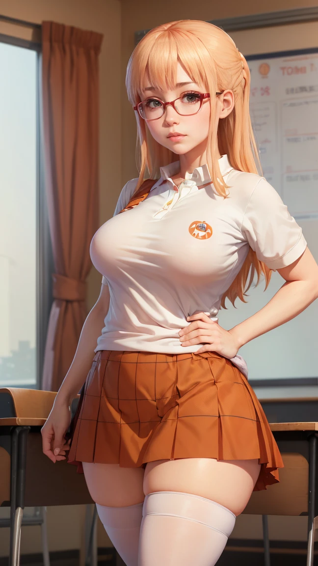 Umaru, very beautiful, with glasses, purple eyes short blonde hair ((dressed in a wide orange plaid skirt with white thigh-high stockings and a white short-sleeved polo shirt with a Hooters logo on it)),((extremely giant breasts)) ((extremely giant breasts, very giant breasts, very giant hips, very giant buttocks, very fat legs)), 4k resolution, ((blushing, embarrassed)) ((He is in a classroom with his sister Hinata Hyuuga ))