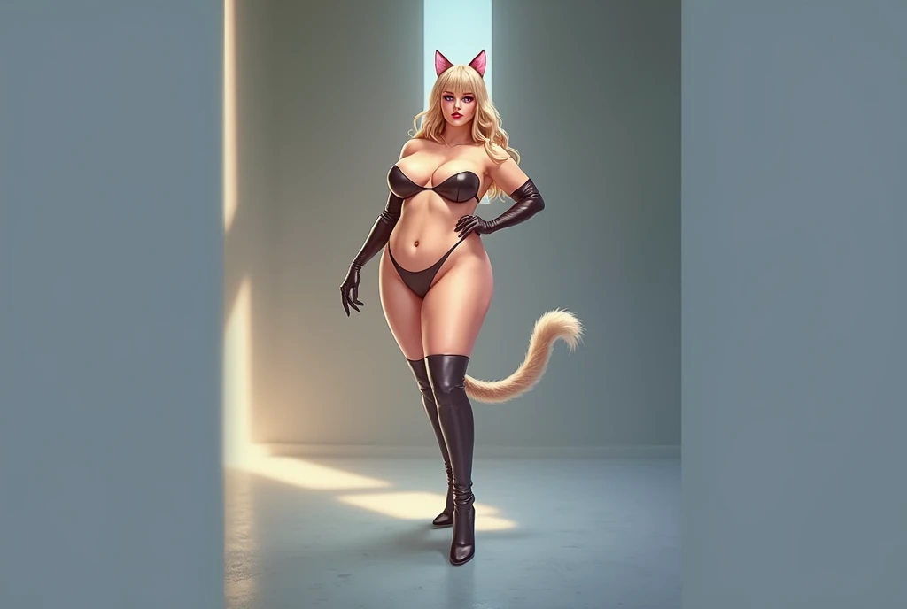 score_9, source_furry, rating_safe, realistic, e621, mature female anthro husky dog, MILF, looking at viewer, seductive, mouth open, beautiful detailed eyes, sexy pose in a nightclub, wearing a collar, long latex gloves, g-string, latex miniskirt, wide fishnets, high heeled thigh high boots, detailed fur, tail, voluptuous, hourglass figure, large breasts, cinematic lighting, professional lighting