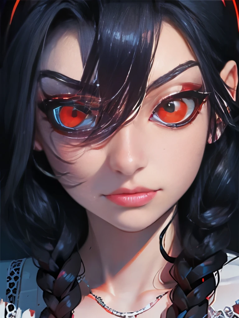 Generate a detailed image of a woman with short black hair highlighted with blue accents, having intense sky-blue eyes adorned with black makeup. Her lips are painted in a soft shade of red. She wears a semi-armor in black on her upper body, complemented by a black dress with a side slit at the lower part. Her fair skin showcases tattoos on her hip. The woman is in black heels with a scale pattern, and she wears a detailed crown featuring short black spikes. She also sports a blue cape with intricate black and golden embroidery. The scene is set in a gallery with a dark background, beautifully illuminating her figure, and she presents a slightly angry expression, posing with a mix of sexiness and regal presence, full body, various poses