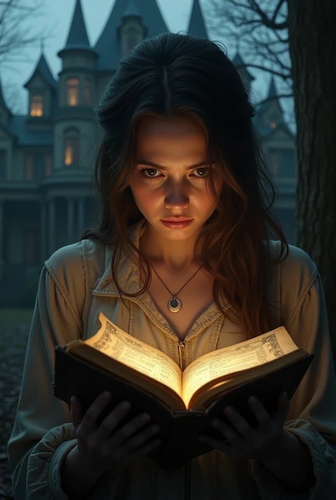 Make a book cover about zombie apocalypse, in the center of the image there should be a woman with light brown hair writing in a diary.