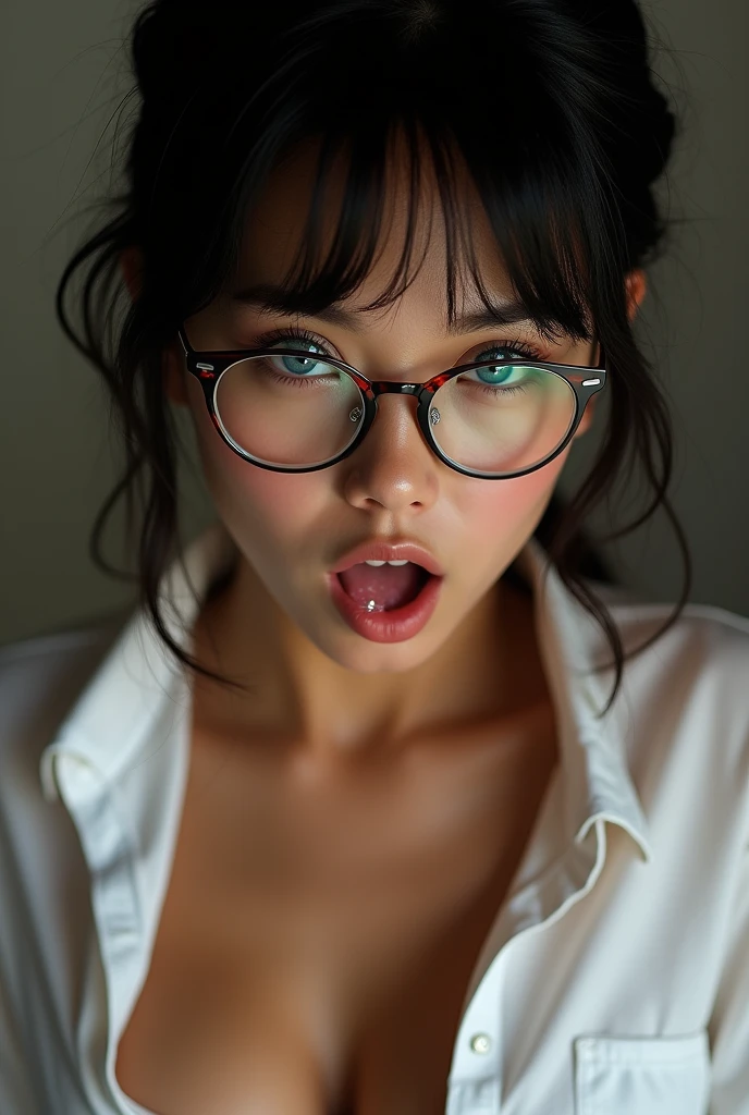 ((Realistic lighting, superior quality, 8K, masterpiece: 1.3 pieces)), hotel bed, very sexy woman and completely feminine . Transparent white erotic underwear after showering. Wearing a white thong, she looks like she is showing off her body, 40k, cinematography, a masterpiece、, Best quality, dark gray background, ((1 Girl Blue Eyes and Gorgeous Light Bonde Curls, she wears glasses on her beautiful face, , Soaked through the thin transparent white shirt she was about to take off from me,)),, varied poses. ((Huge breasts: 1.3 pieces)), hyper-detailed face, detailed eyes, varied poses,