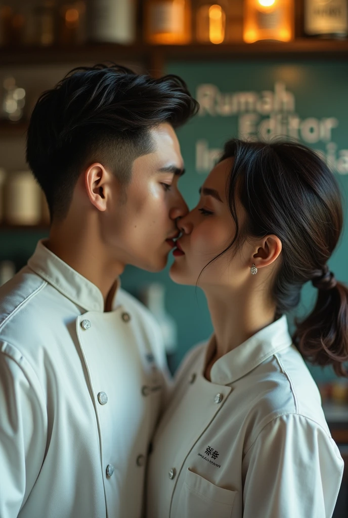romantic couple, romantic hug, kissing, a young indonesian woman, updo hairstyle, wearing white tsirt, blue utility apron, black choker, mini skirt, slightly chubby. sitting on his lap. with a stylish man wearing white hoodie. industrial coffee shop as background