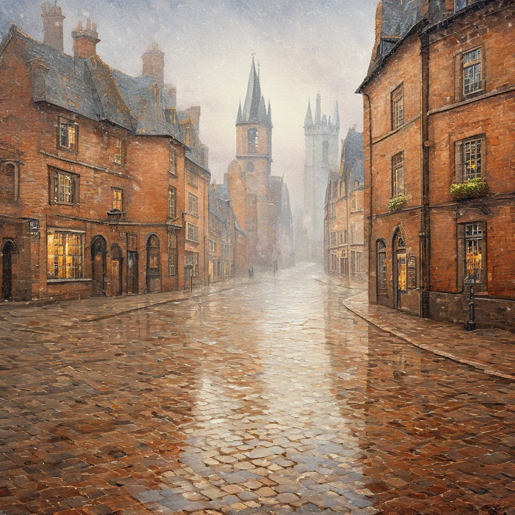 best quality, a detailed illustration, 16K, medieval European city, cobblestone street, rain-soaked bricks, puddle reflecting distorted landscape, soft reflections, moody and dreamlike atmosphere, wet pavement, warm brick colors, overcast sky, subtle mist, calm and serene, slight fog in the distance, soft lighting, impressionism, use bright and muted colors