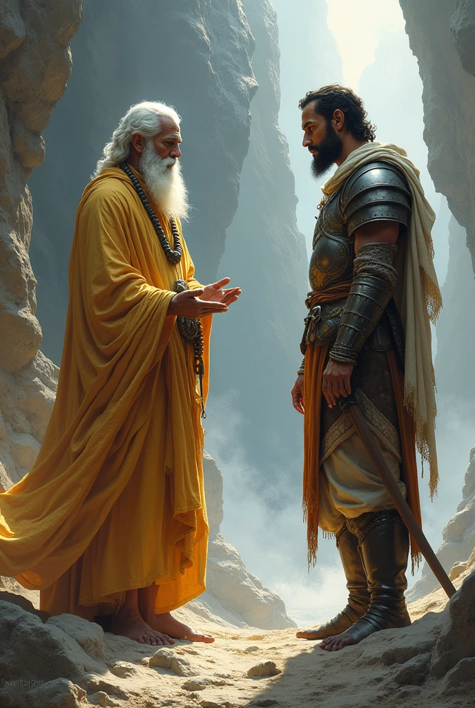 Make a tall old man with white and red hair ,In white medieval clothing, fighting against a tall 25-year-old man , With fists of darkness , he has a power of dark energy 