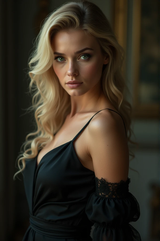 Elegant and sophisticated blond woman. Seductive, flirtatious, sexy. Big breasts, fine and exquisite lingerie. professional shot, (4k Foto:1.1) dancing at thee club. realistic