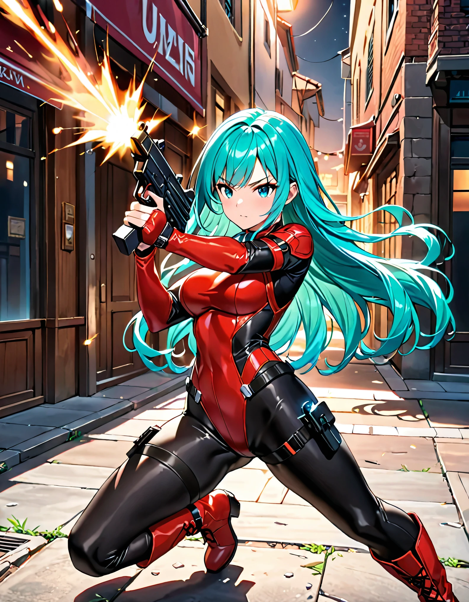 best quality, masterpiece, 1girl, russian, (solo, solo focus), grey eyes, beautiful detailed eyes, beautiful detailed face, perfect hands, complete fingers, perfect anatomy, perfect proportions, (long hair, aqua hair), (using weapon, uzi), detailed shadows, detailed light, (black skintight bodysuit, red leotard, shoulder holster), (full black pantyhose, skintight black leggings), matching boots, holding and aiming an uzi, dynamic action pose.
