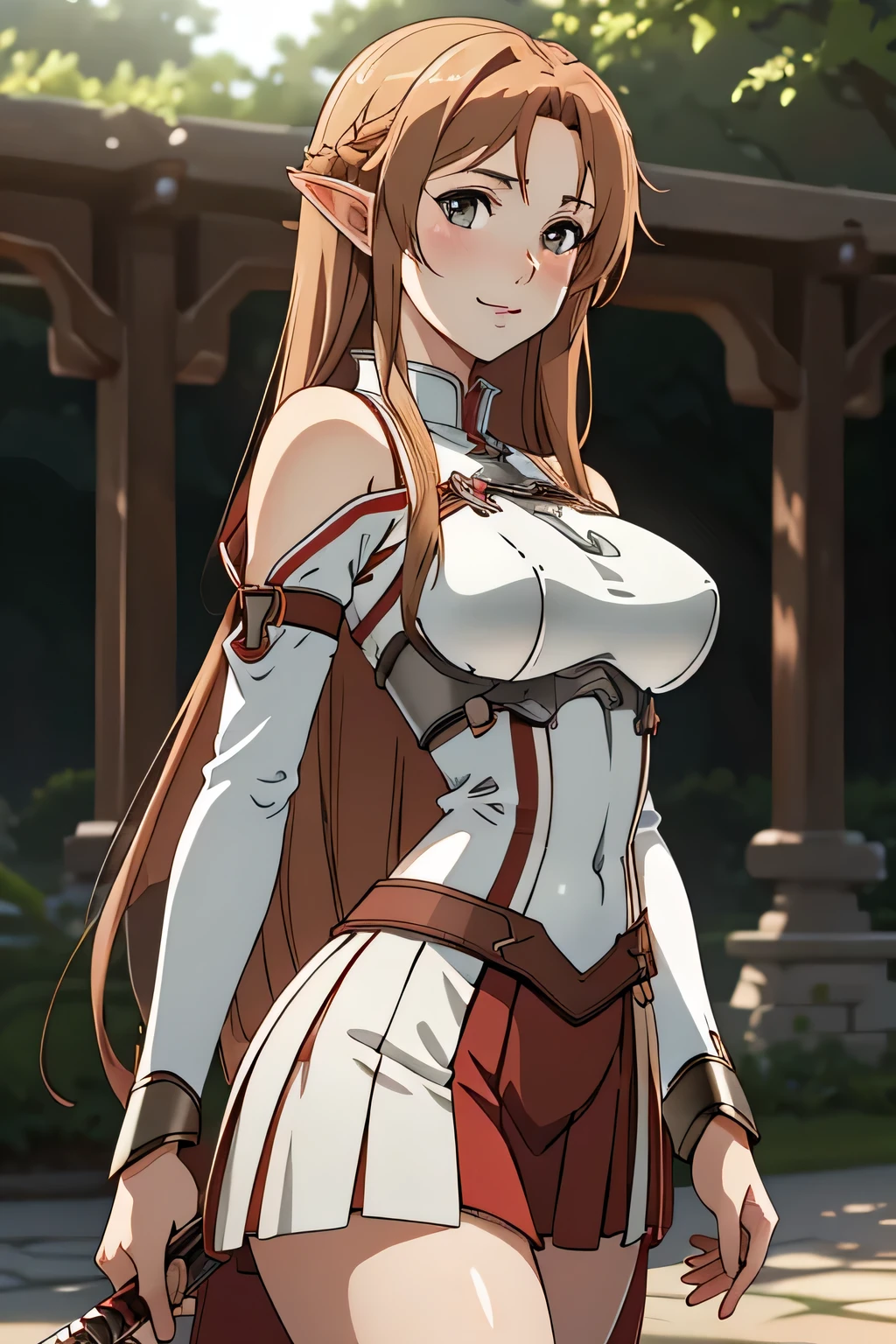 close up 1girl in, photo of Asuna, Yuuki Asuna, Solo, (straight strawberry blond hair, very long hazelnut hair, hazel eyes), (perfect clear skin, pale skin, detailed skin, medium breasts, round breasts, perfect body), (thin hips, thin waist: 1.25), neutral face, cute smile, ((she wears a white tunic with red accents, Sword Art Online style, Asuna Yuki cosplay, metallic chest plate, jewelry, bangles, Short pleated skirt), arched back, detailed background, elvish garden, pavilion, elf city, (realistic photo, best quality, detailed), (8k wallpaper), (cinematic lighting, beautiful light, (day:1.3)) (sharp focus, intricate), (dslr, realistic, looking at viewer, sharp focus, delicate, soft colors, cinematic)