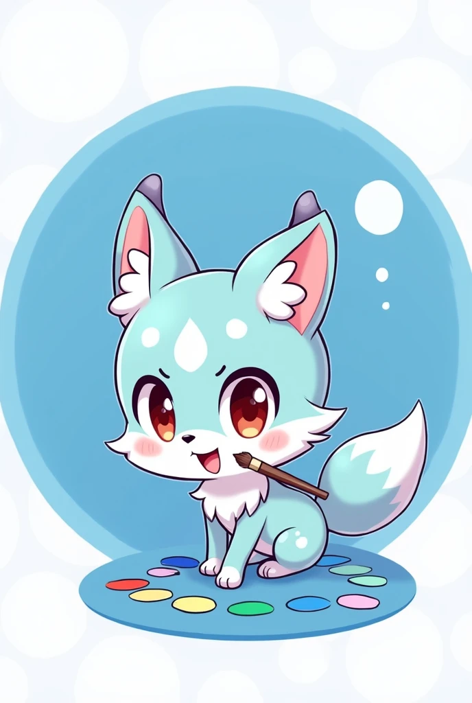 Digital 2D Artwork，Sticker style，Chibi style，A cute many-tailed fox chibi，A blue-bodied，The head and tail form a ring disk on the blue ring paint palette，Cute expression，Cute gestures，Cute pose，Furry，Interesting，Holding a paintbrush in mouth，antlers，Blue circular paint palette background，