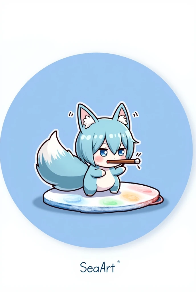 Digital 2D Artwork，Sticker style，Chibi style，A cute many-tailed fox chibi，A blue-bodied，The head and tail form a ring disk on the blue ring paint palette，Cute expression，Cute gestures，Cute pose，Furry，Interesting，Holding a paintbrush in mouth，antlers，Blue circular paint palette background，