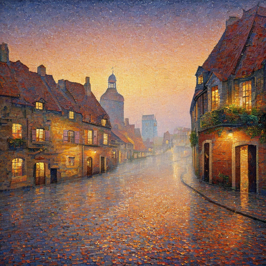 best quality , a detailed illustration of , 16K , pointillism technique , medieval European city at night , cobblestone street , rain-soaked bricks , puddle reflecting distorted landscape , soft reflections , moody and dreamlike atmosphere , wet pavement , warm brick colors , overcast sky , subtle mist , calm and serene , slight fog in the distance , soft street lighting , Impressionism , use bright colors