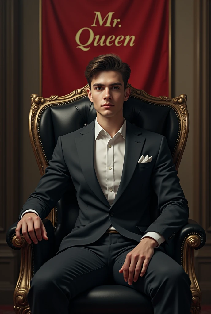 Beautiful 25 yearsold man sitting in the red royal chair with black suit 3D animated portrait