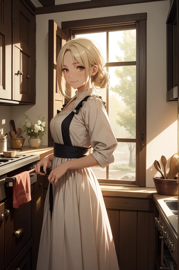 masterpiece, best quality, A middle-aged woman with flowing blonde hair, striking red eyes, and a warm, gentle smile. Set in a fantasy period drama, she is wearing an old, worn-out maid outfit from a bygone era. Her modest house is cozy and small, with rustic wooden furniture, simple decor, and a soft light streaming in from a window. She stands in the kitchen, a broom in one hand, surrounded by a serene and homely atmosphere. The scene evokes a sense of quiet strength and wisdom, blending fantasy with everyday life.