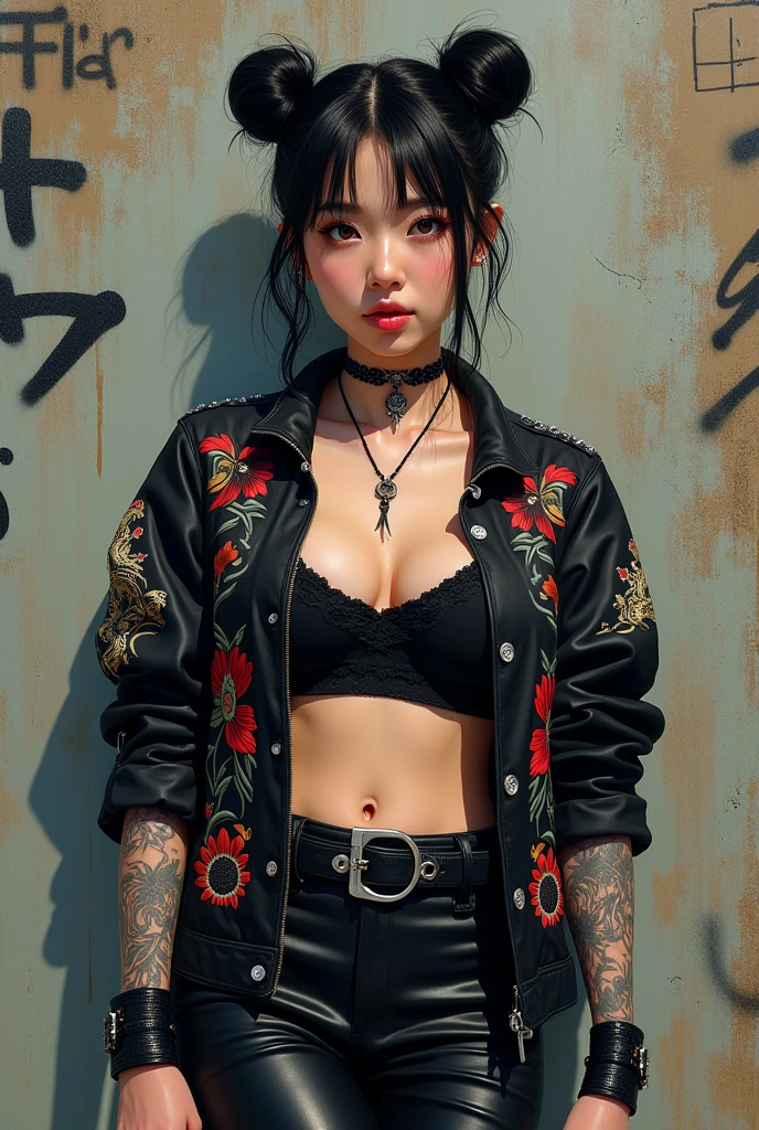 Highest quality、8k、masterpiece:1.3、Gothic Punk、The inside color is red、Gray Black Hair、hair ornaments、Beautiful girl、creative、Punk Shirt、Neogoth、Goth Fashion:1.2、High resolution、masterpiece、Highest quality、頭w:1.3、((Hasselblad Photos))、Fine skin、Sharp focus、(Cinematic lighting)、Walking the Tokyo Nightlife Behind the Neon, Forehead open, 、Stroking one's hair back、Shoulder Bare、Red tattoo on the décolletage