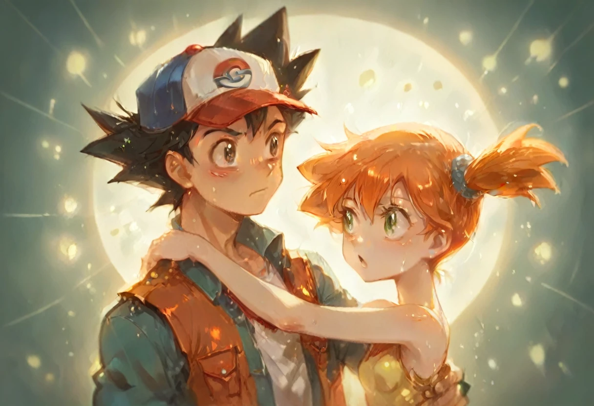 Ash_pokemon ,hat , black hair, brown eyes .ash Ketchum ,1 guy. Misty_pokemon , Berry Short,Orange Hair, one side up hair ,Big green eyes,Small breasts,Skinny . pokemon couple. Ash nervously confessing his feelings,The atmosphere is magical, highlighting the interaction between Misty and Ash. disney movie, Love story, love confection , love  , Disney art'stile 