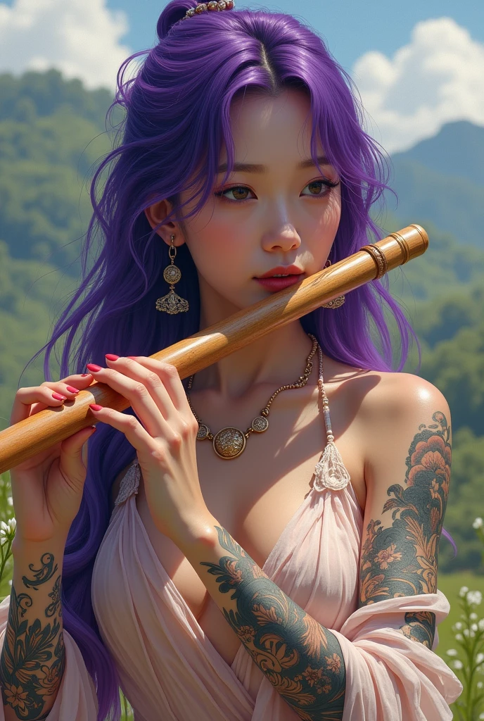(super wide shot),(Best Masterpiece),8K,An old Japanese town nestled in the hills of the mountains,Densely wooded,The leaves are verdant,The stream is babbling。The visuals are beautiful and beautiful,full of sunlight。(white backgrounid:1.5),white backgrounid,Outer border, Goddess Japan Beautiful, Holding a violin and a bowed stringed instrument,Realistic1.4, huge tit,Young and beautiful