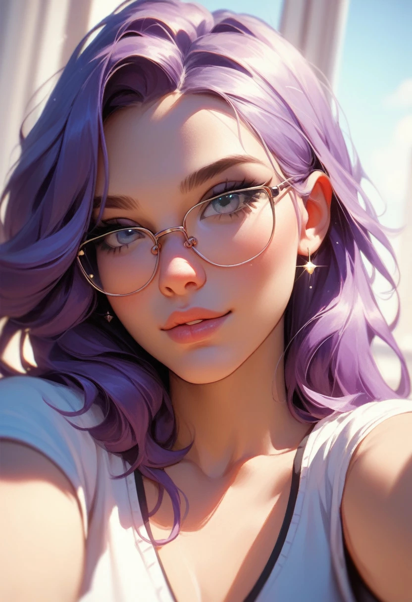 Close up girl face, Naughty girl, purple hair, blue eyes, eyeglass, red lips, opened mouth, smile, Sensuality, sweating body, wet, Hot girl, Naked, girl face, High sensation feels, big breast, Ultra quality, masterpiece, High resolution, 8k, UHD, realistic