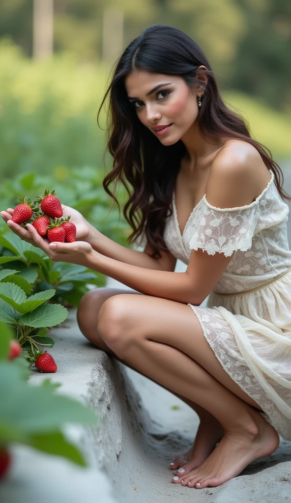 Attractive Italian female model with long straight black hair 2 2 years hairy, mature woman in floral dress, eating strawberries, seductive lady, very sexy woman with black hair, inspired by Hedi Zandt, beautiful sexy woman photo, sexy young woman  Inside the strawberry garden, breathtaking beauty, stylish lady, sexy girl, gorgeous woman, breathtaking beauty, blessed body with sexy belly, very hot and sexy woman, sensual young woman, beautiful breasts, seductive, sensual  Hot, sexy facial expression, intercourse, desire for sex, horny, hot, big breast, visible navel.. (Shiny top bust: 0.95) (Shiny polyester,) (Nice soft lighting, (Warm color: 0.6  ), 3- point light, known curvature, day off, ISO 400, shutter speed 10000
