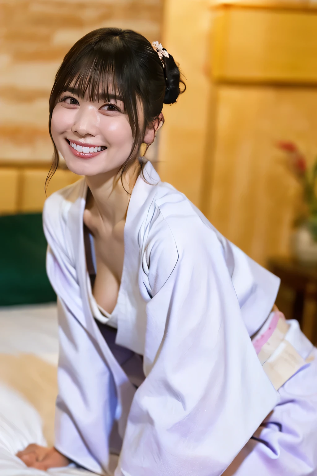 (最high quality、Tabletop、8k、Best image quality、Award-winning works)、(One beautiful mature woman:1.1)、Adult face、(Innkeeper:1.1)、(Elegant floral kimono:1.2)、(A perfect and precise collared kimono:1.2)、Perfect mature woman portrait photo、Glowing Skin、(((Relaxed collar、Leaning forward、Cleavage)))、(Blurred elegant and exquisite perfect Japanese style room background:1.3)、(The most natural and perfect neat Japanese style room background:1.2)、Glowing White Skin、Very white skin、(Accentuate your body lines:1.1)、(The most graceful posture:1.2)、(Small breasts:1.2)、A perfect smile、Perfect beautiful glossy lips、(Accurate anatomy:1.2)、(A perfect and elegant outfit:1.1)、(Stand with good posture:1.1)、(beautiful, high quality, Large kimono obi:1.2)、(Long kimono:1.2)、(Perfect and natural beautiful sleeves:1.2)、(Perfect and natural beautiful collar:1.2)、(Perfect and natural beautiful kimono:1.2)、(Perfect and natural beautiful sleeves:1.2)、(A perfect and natural beautiful obijime:1.2)、(Hair Bun:1.1)、(Face close-up:1.3)