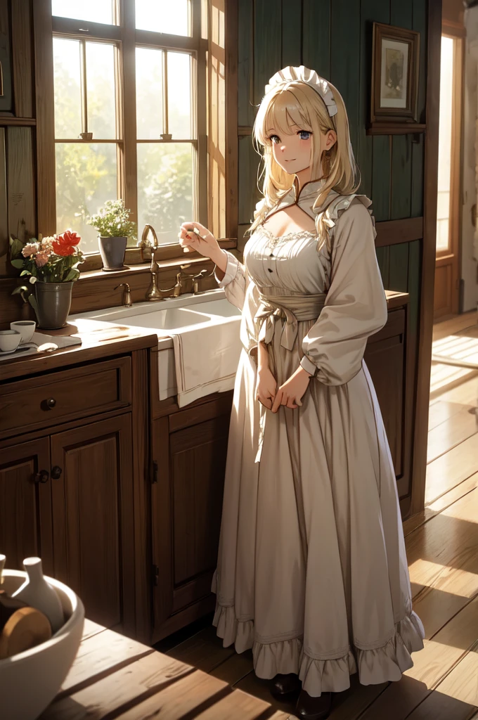 masterpiece, best quality, A middle-aged woman with flowing blonde hair, striking red eyes, and a warm, gentle smile. Set in a fantasy period drama, she is wearing an old, worn-out maid outfit from a bygone era. Her modest house is cozy and small, with rustic wooden furniture, simple decor, and a soft light streaming in from a window. She stands in the kitchen, a broom in one hand, surrounded by a serene and homely atmosphere. The scene evokes a sense of quiet strength and wisdom, blending fantasy with everyday life.