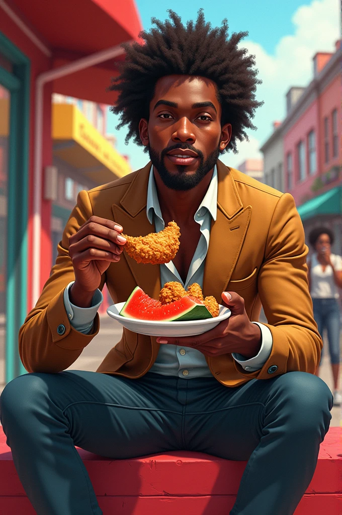 Make a black man in a cotton field holding a watermelon and fried chicken
