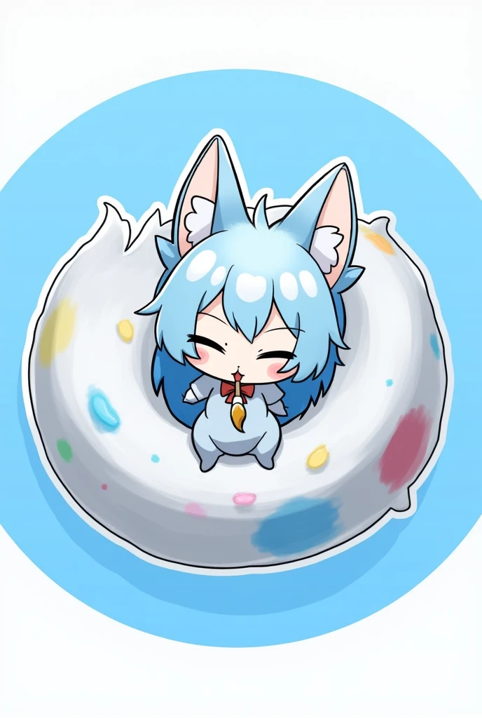 Digital 2D Artwork，Sticker style，Chibi style，A cute many-tailed fox chibi，A blue-bodied，The head and tail form a ring disk on the blue ring paint palette，Cute expression，Cute gestures，Cute pose，Furry，Interesting，Holding a paintbrush in mouth，antlers，Blue circular paint palette background，