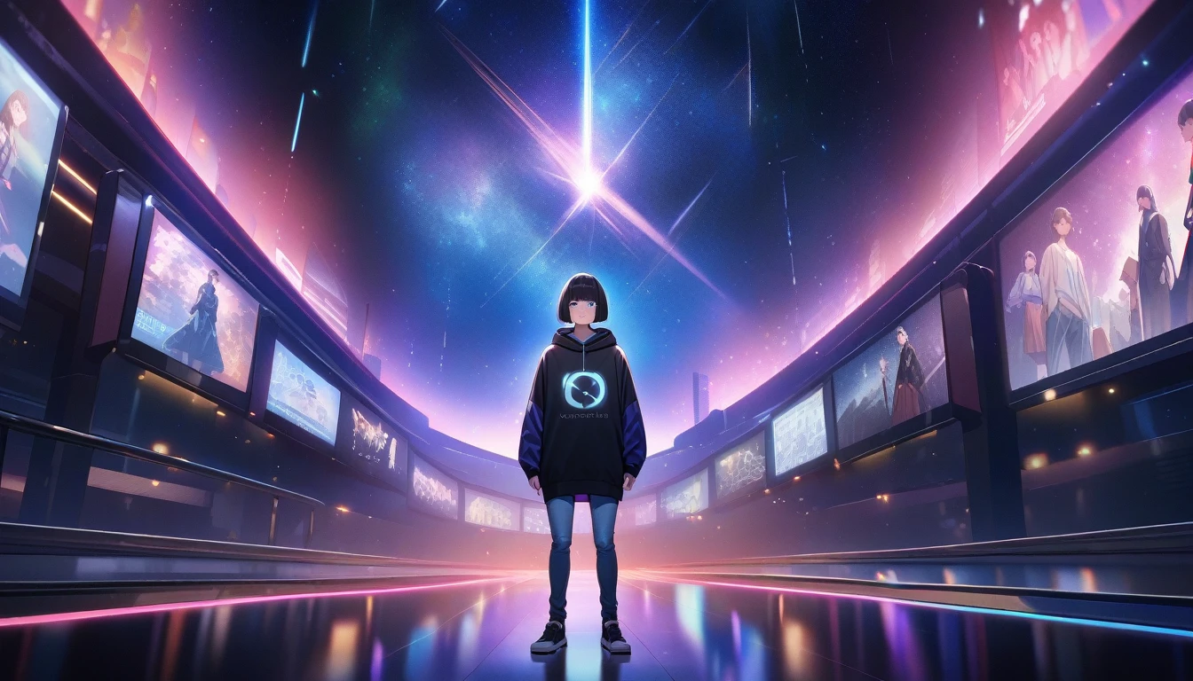 Masterpiece, Best Illustration, Solo, Multiplayer, Handsome Glasses-kun, White-haired Boy, Blonde Girl, Seated, Keyboard \ (Computer \), Fur Decoration, Computer, Monitor, Hood, Jacket, Hood Down (Chair, Headphones, City, Instrument, Cyberpunk, Wooden Toys,\(\(Intricate Details\)\), Color Details, Rainbow Color BREAK, \(\(Best Quality of Masterpiece\)\), 4K, Ultra Detail, Detailed Lighting, \((Inspired by Hayao Miyazaki)\), Official Art, Propaganda art, composition, a giant mirror ball floating in space, twinkling lights, sad lost, particles in the air, intricate fractals, detailed, (illustration), masterpiece, high resolution, best quality. Illuminate people, colorful, master composition, focus on key figures, realism, masterpiece, award-winning, best quality, masterpiece, ultra-detailed, 8K, extremely detailed CG Unity 8k wallpaper, complex, highly detailed, realistic