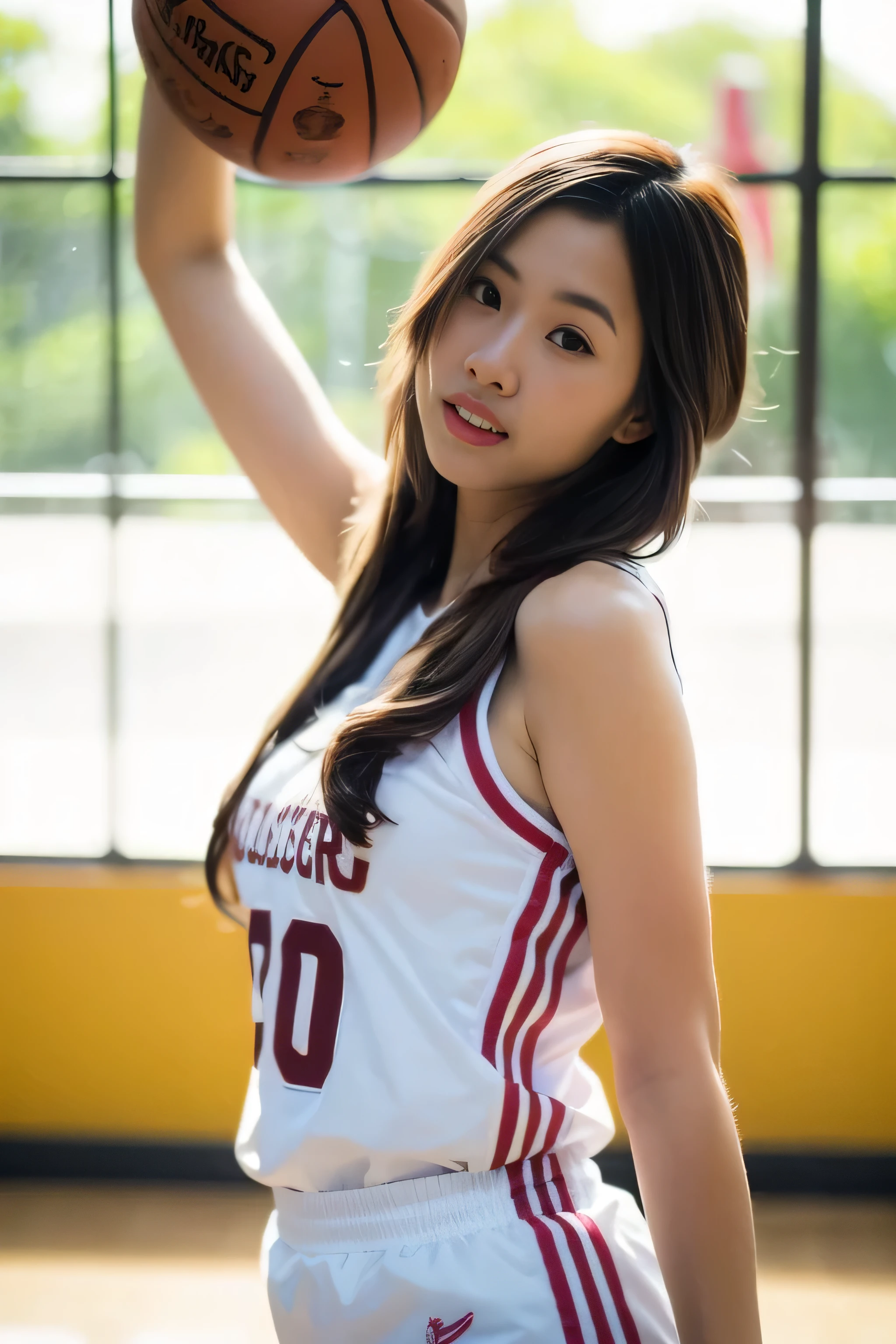 young Thai Woman dark long hair, flowing hair ,
wearing a basketball uniform , pose ,
holding basketball ,
random shot
white sun light , morning sunlight ,
high detail, realistic style.
The background is basketball court,
The style is realistic and elegant, with natural lighting highlighting her face,
capturing the calm and competitive atmosphere of the sport,