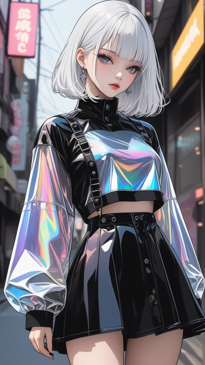 Highest quality　masterpiece　High resolution　masterpiece　white hair, Grey Eyes　hime cut , transparent color vinyl clothing, prismatic, holographic, chromati caberration, harajuku fashion, posing,  flat color, dark theme,sinozick style