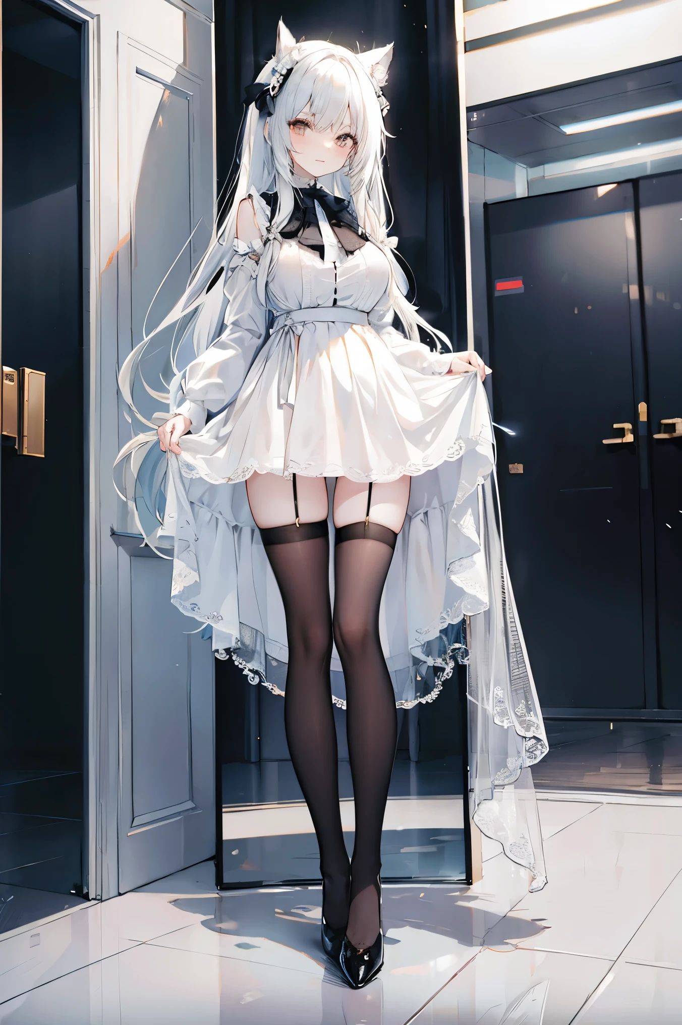 Lower body shot, tall, long legs,  dress, slim waist, white skin , big breasts, Thigh-high white socks , lolita shoes, The skirt is halfway to the thigh, No face shot, in room